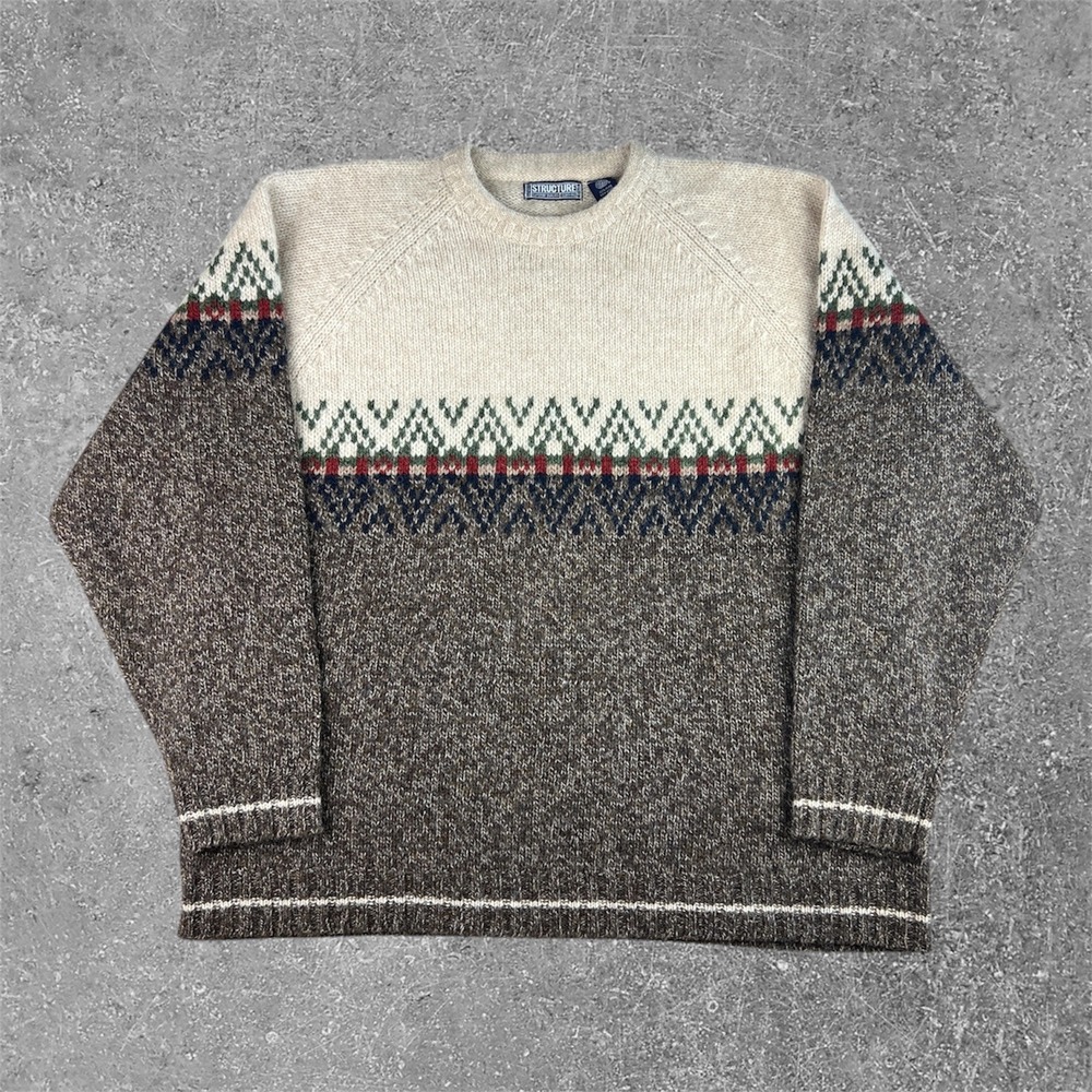 Structure‎ Wool Sweater Mens XL Brown Fair Isle Vintage 90s Crewneck Heavy Knit